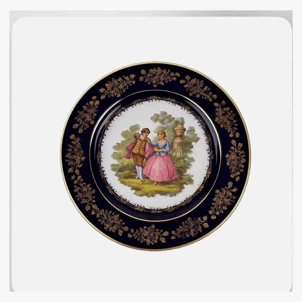 Limoges Castel Cobalt Fragonard Courting Couple Plate 22k Gold 8.25 Rococo